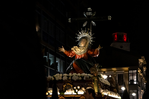 Polychrome wood carving of the Virgin of Sorrows in procession during Holy Week in Valladolid, Spain.