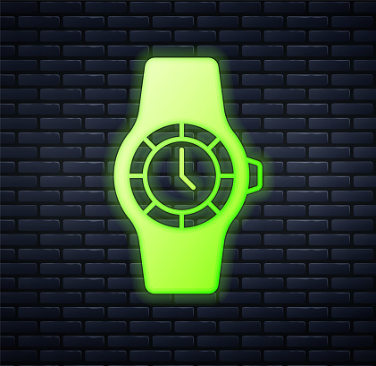 Glowing neon Wrist watch icon isolated on brick wall background. Wristwatch icon. Vector.