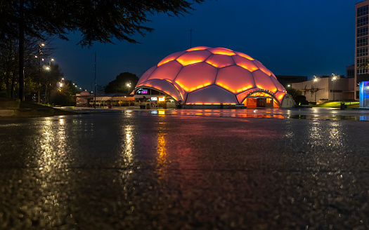 Illuminated Millennium Dome on a rainy day in Valladolid, Spain