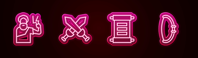 Set line Zeus, Crossed medieval sword, Decree, parchment, scroll and Medieval bow. Glowing neon icon. Vector.
