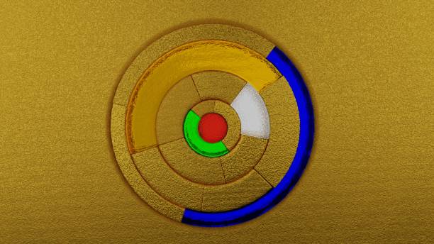 istock Curved pieces of gold and colored glass create a wall. 3D Rendering 2144784258