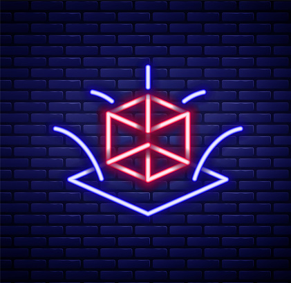 Glowing neon line 3d modeling icon isolated on brick wall background. Augmented reality or virtual reality. Colorful outline concept. Vector.