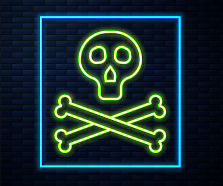 Glowing neon line Bones and skull as a sign of toxicity warning icon isolated on brick wall background. Vector.