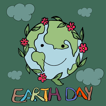 Banner on the theme of earth day. Earth in flowers and leaves in doodle style.