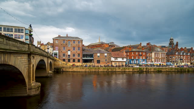 View of River Ouse and City skyline of York, North Yorkshire, England, 4k time-lapse