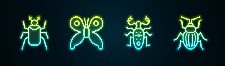Set line Beetle bug, Butterfly, deer and Chafer beetle. Glowing neon icon. Vector.