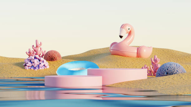 istock 3D render, minimal Summer background with empty podium or pedestal platform for showing product, cosmetic scene for mock up, beach swim elements decoration. 2144914166