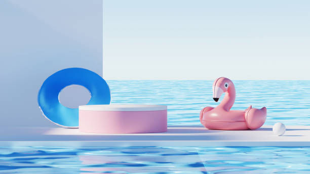 istock 3D render, minimal Summer background with empty podium or pedestal platform for showing product, cosmetic scene for mock up, beach swim elements decoration. 2144914167