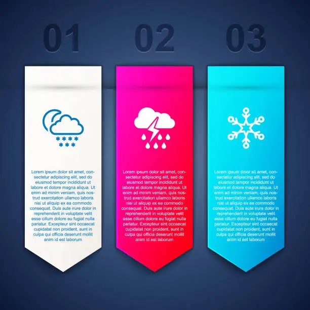 Vector illustration of Set Cloud with snow and moon, rain lightning and Snowflake. Business infographic template. Vector