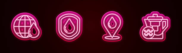 istock Set line Earth planet in water drop, Waterproof, with location and jug filter. Glowing neon icon. Vector 2144947491