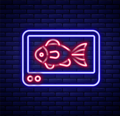 Glowing neon line Fish finder echo sounder icon isolated on brick wall background. Electronic equipment for fishing. Colorful outline concept. Vector.