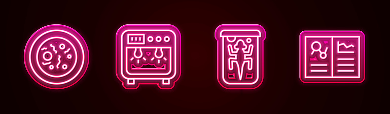 Set line Petri dish with bacteria, Biosafety box, Experimental animal and Clinical record. Glowing neon icon. Vector.