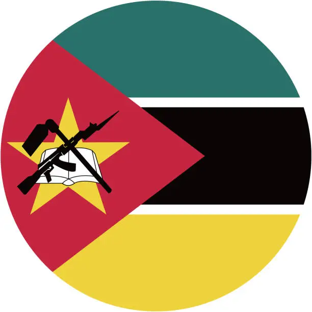Vector illustration of Mozambique flag. Button flag icon. Standard color. Round button icon. The circle icon. Computer illustration. Digital illustration. Vector illustration.