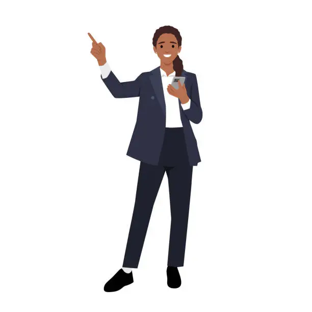 Vector illustration of Business woman holding smartphone and pointing up. Pretty girl in smart casual office outfit.