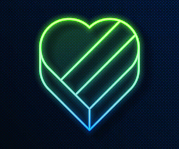 istock Glowing neon line Candy in heart shaped box and bow icon isolated on blue background. Valentines Day. Vector 2145033882