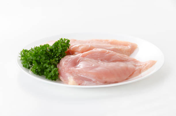 istock Raw Chicken breast with parsley on a  dish on white background 2145036006
