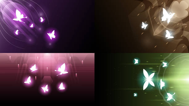 istock Set Abstract Collection Dark Background With Butterflies Insects Glow Light Shine Flashes Vector Design Style 2145104249