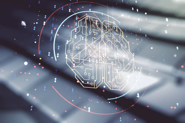 istock Virtual creative artificial Intelligence hologram with human brain sketch on abstract metal background. Double exposure 2145105313