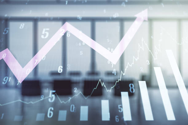 istock Abstract virtual financial graph hologram and upward arrow on a modern conference room background, forex and investment concept. Multiexposure 2145106861