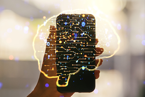 Double exposure of creative human brain microcircuit and hand with cellphone on background. Future technology and AI concept