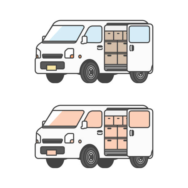 物流シリーズ:日本の軽自動車、軽バン、引き戸の内側に荷物を積んだ軽貨物車のイラスト(カラー&モノクロセット) - kvan点のイラスト素材／クリップアート素材／マンガ素材／アイコン素材