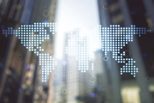 istock Abstract creative world map interface on office buildings background, international trading concept. Multiexposure 2145112097