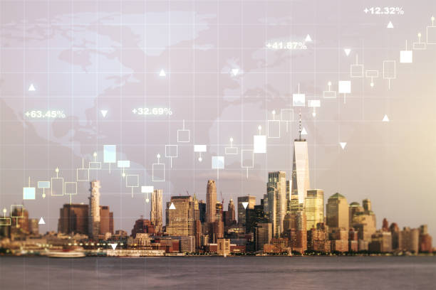 istock Multi exposure of virtual abstract financial graph hologram and world map on Manhattan cityscape background, financial and trading concept 2145112098