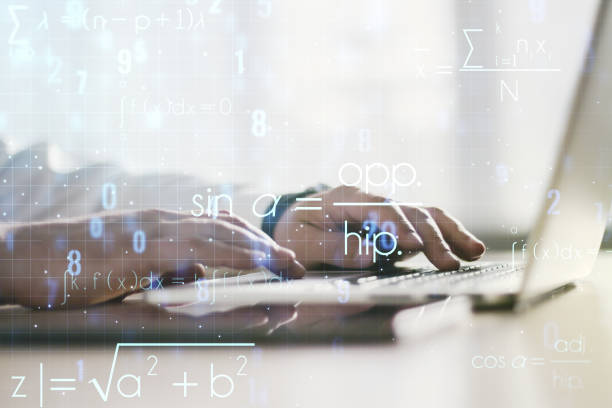 istock Creative scientific formula concept with hands typing on laptop on background. Multiexposure 2145113645