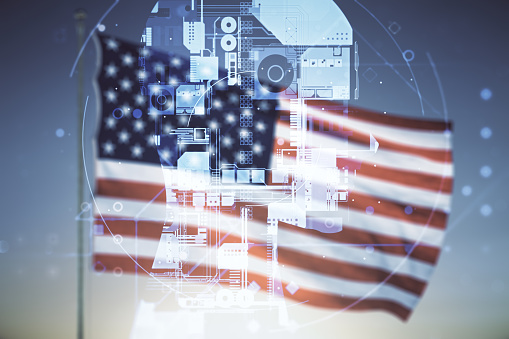 Abstract virtual artificial Intelligence interface with human head hologram on USA flag and sunset sky background. Multiexposure
