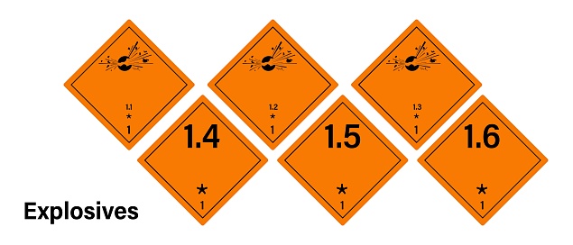 Explosives warning sign set. Transport pictograms. Globally Harmonized System of Classification and Labelling of Chemicals (GHS).