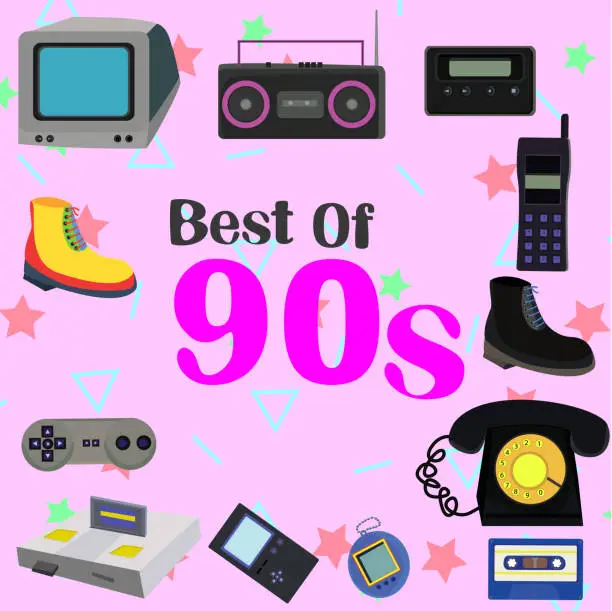 Vector illustration of 90s retro icons with background