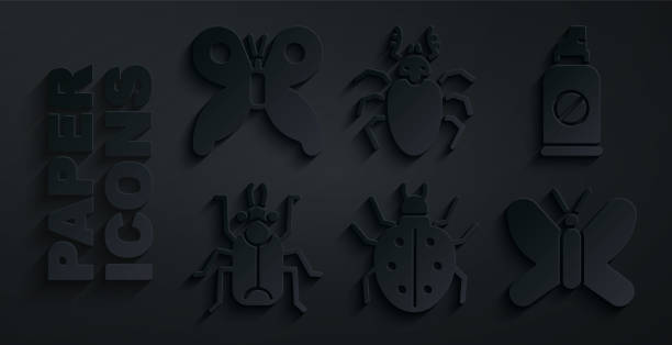 набор клещ, спрей против насекомых, жук, бабочка, олень и иконка. вектор - cutter insect repellant stock illustrations