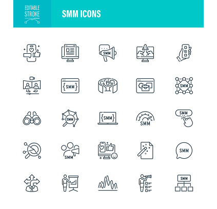 SMM Icon Set. Editable Stroke. Contains such icons as Icon Symbol, Technology, The Media, Advertisement, Journalism, Social Media Marketing,