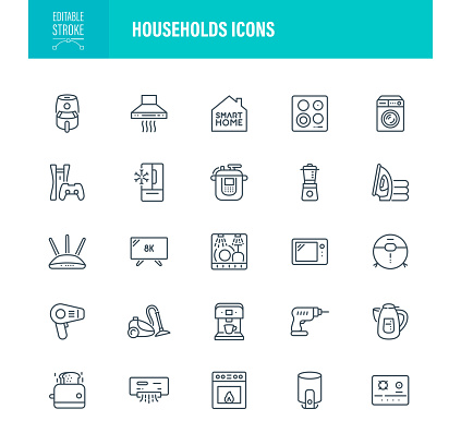 Households Icon Set. Editable Stroke. Contains such icons as Icon Symbol, Vector, Oven, Home Appliances,  Washing Machine, Refrigerator, Electronics Industry