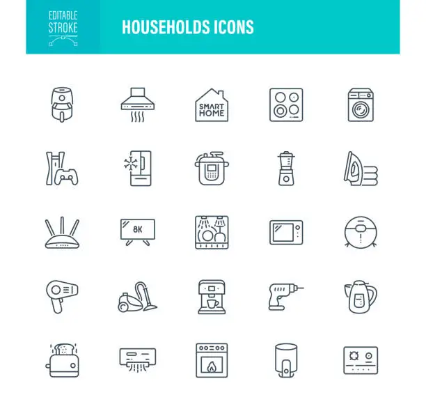 Vector illustration of Households Icons Editable Stroke