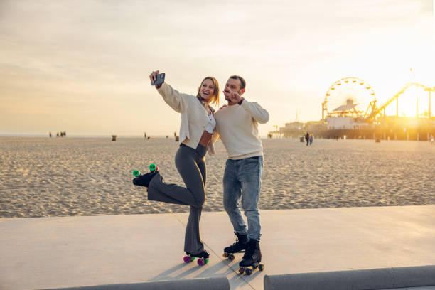 istock Selfie by the beach on roller skates 2145212911