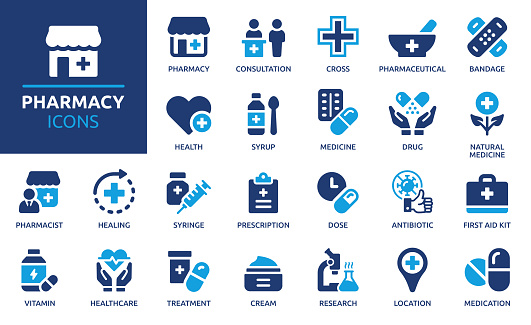 Medicine, bandage, medication, prescription, treatment, health and syringe symbol. Solid icons vector collection.