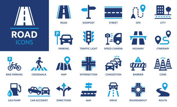 Containing street, highway, traffic light, signpost, directions, parking, route, GPS, drive, crosswalk, intersection and roundabout symbol. Solid icon collection