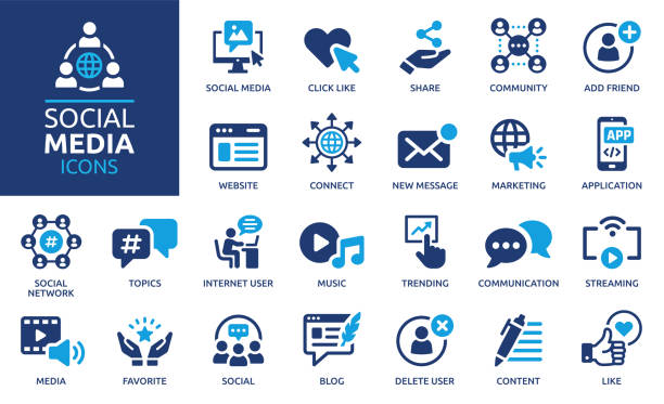 Social Media icon set. Online community, media, website, blog, content, business marketing and social network icons. Solid icon collection. marketing stock illustrations