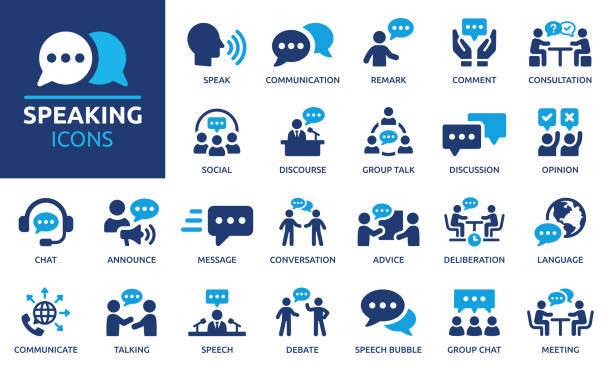 Speaking icon set. Communication icons collection. Containing discussion, speech bubble, talking, consultation and conversation icon vector illustration. review stock illustrations