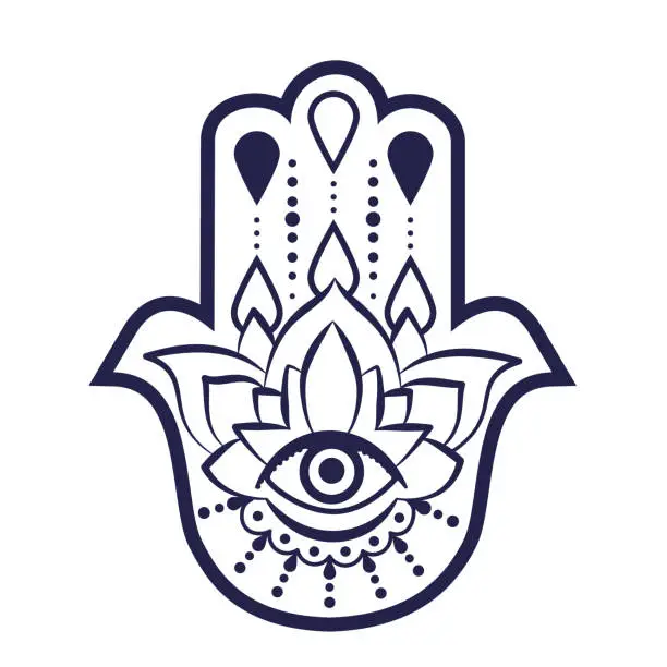 Vector illustration of Fatima's hand, hamsa hand symbol, lotus flowers. Vector illustration.