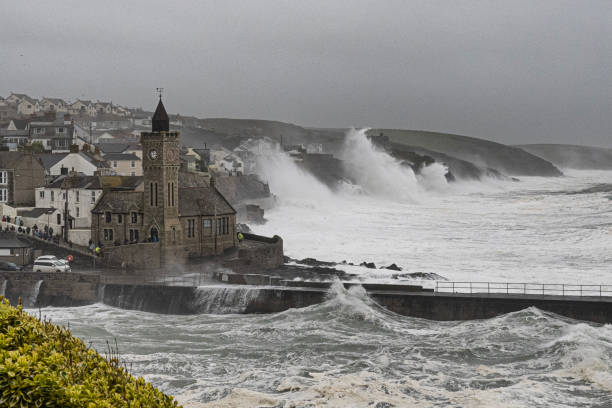 Porthleven  storm Kathleen, Porthleven clock tower takes a battering from storm Kathleen