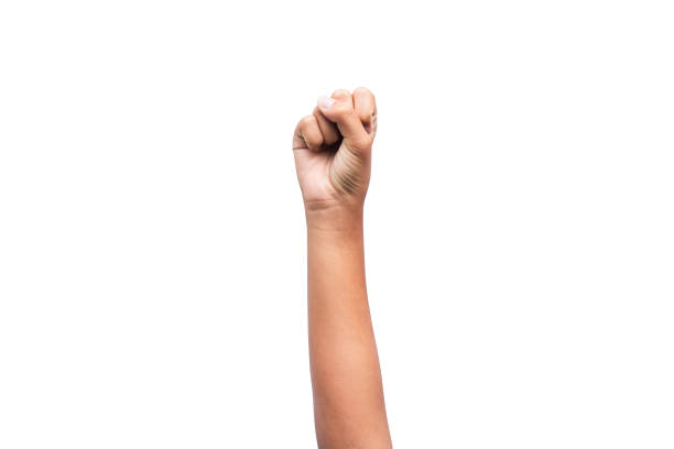 istock Hand raised fist isolated on white background. 2145235136