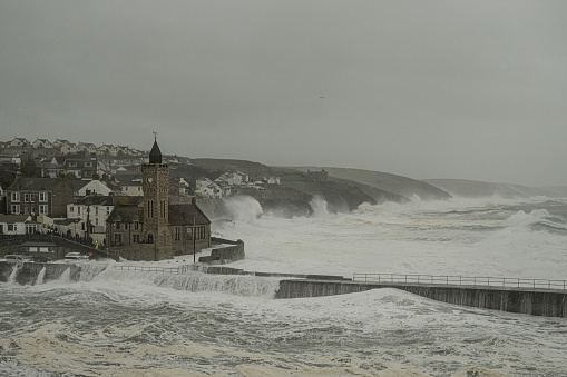 Porthleven  storm Kathleen, Porthleven clock tower takes a battering from storm Kathleen