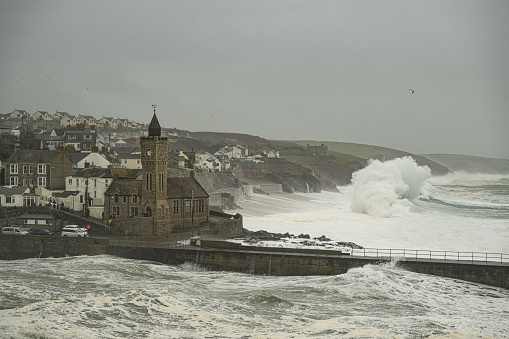 Porthleven  storm Kathleen, Porthleven clock tower takes a battering from storm Kathleen