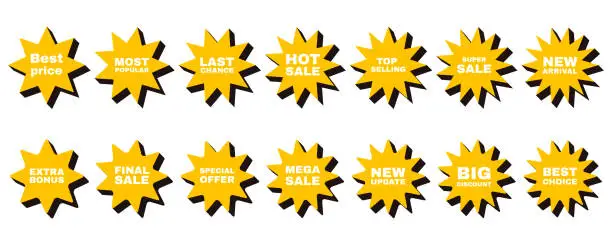 Vector illustration of Collection of starbust badge label for sale promotion. Yellow and Black sticker set with text.