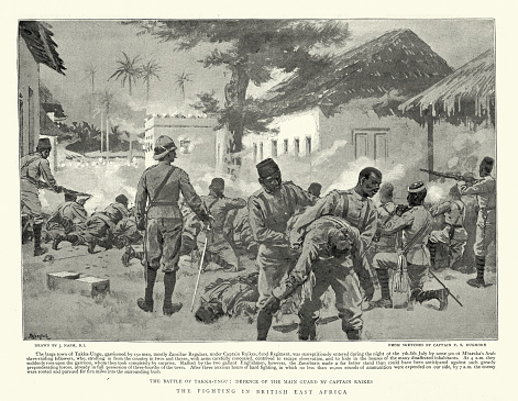Vintage illustration, British Imperial soldiers defeating Arab slave trader at the Battle of Takka Ungu , Defence Main Guard Captain Raikes Town of Takka Ungu Zanzibar Regulars 62nd Regiment , 1890s 19th Century