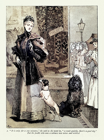 Vintage illustration, Victorian woman out shopping, leaving her dog outside the shop, 1890s 19th Century