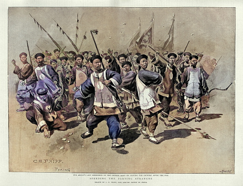 Vintage illustration, Army, Chinese soldiers throwing stones, Victorian History, 1890s 19th Century