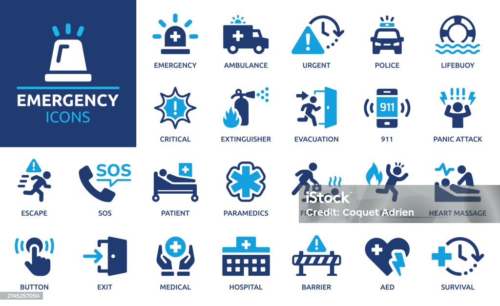 Emergency icon set. Solid icon collection. Containing ambulance, lifebuoy, first aid, police, medical, emergency exit, hospital and SOS icons. Emergency Sign stock vector Emergency icon set. Solid icon collection. Containing ambulance, lifebuoy, first aid, police, medical, emergency exit, hospital and SOS icons. Emergency Sign stock vector